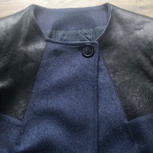 BALMAIN Wool & Leather Coat in Navy/Black